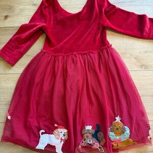 Boden Red Velvet & Tulle Dress with Embroidered Puppy Appliqués